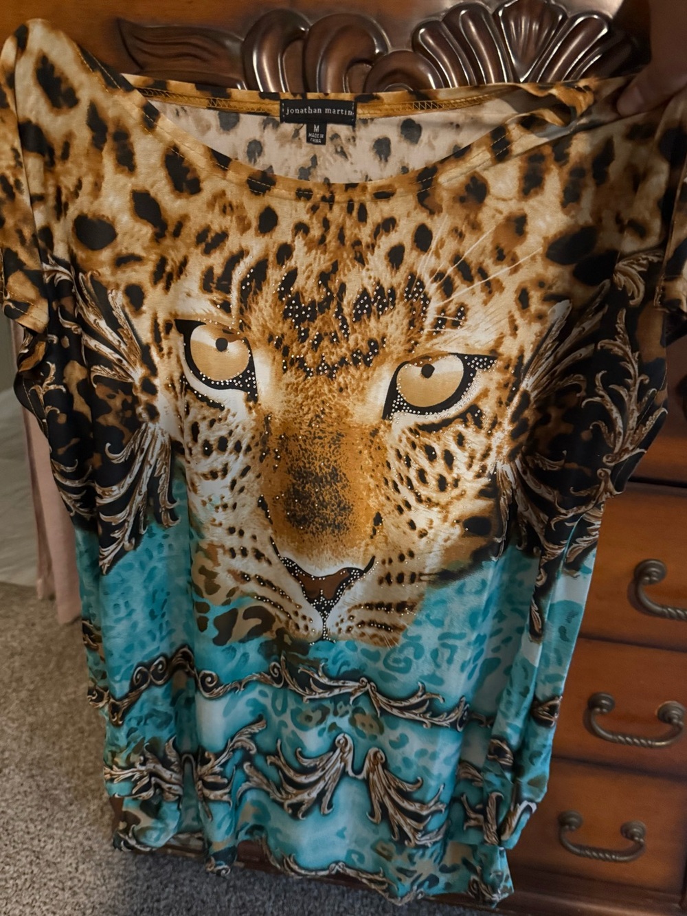 jonathan martin Turquoise and Tan Leopard Face Scoop Neck Top